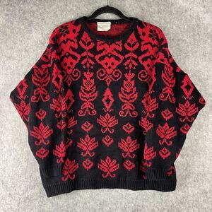 Vintage Yellow Rose Sweater Womens Medium Red Floral Knit Artsy Hong Kong 80s